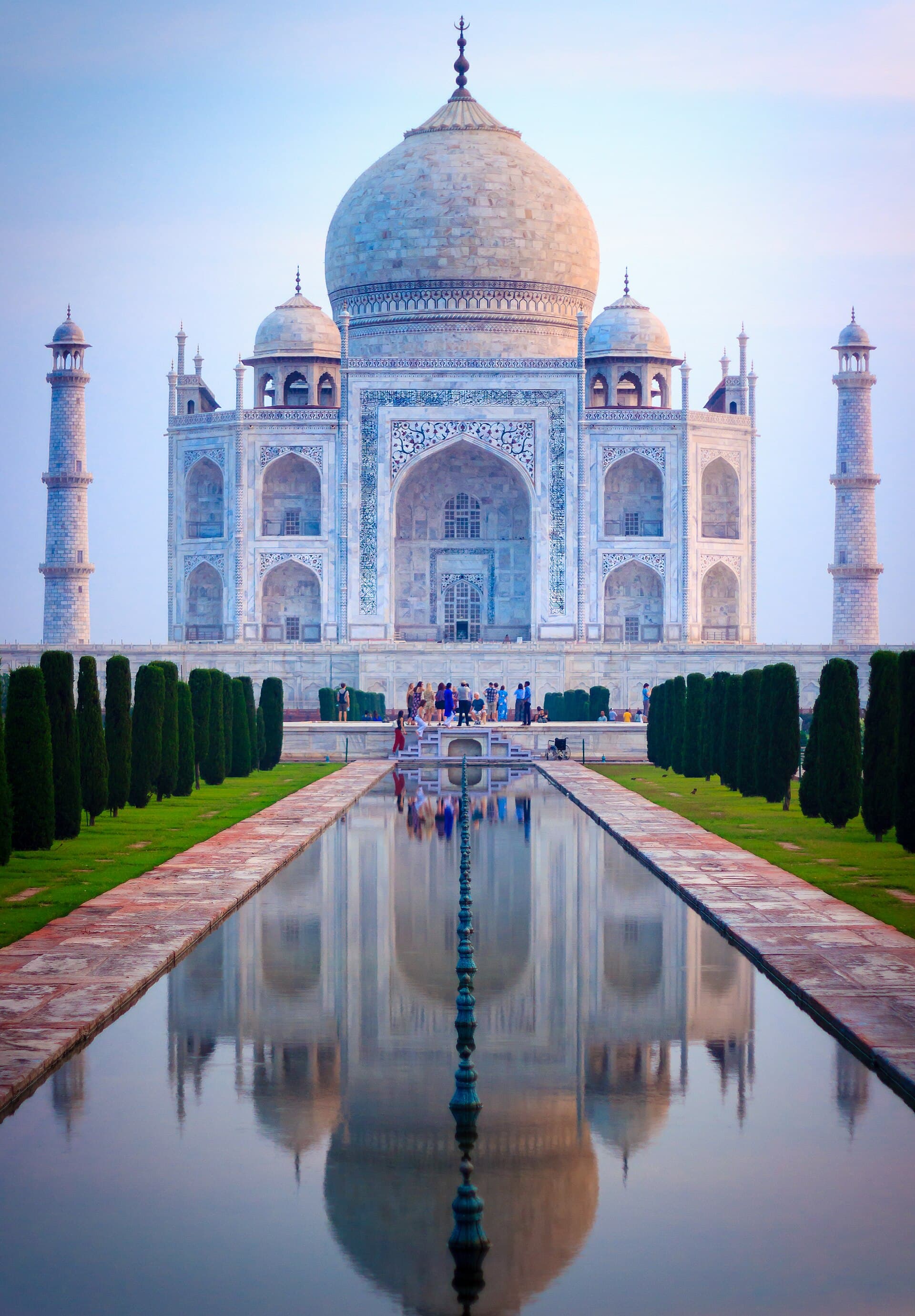 The Taj Mahal glowing at sunrise in Agra